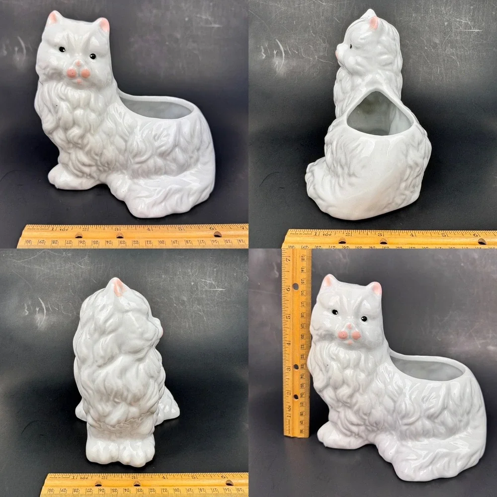 Vtg White Ceramic Long Haired Persian Cat Kitty‎ Planter Tabletop Glazed